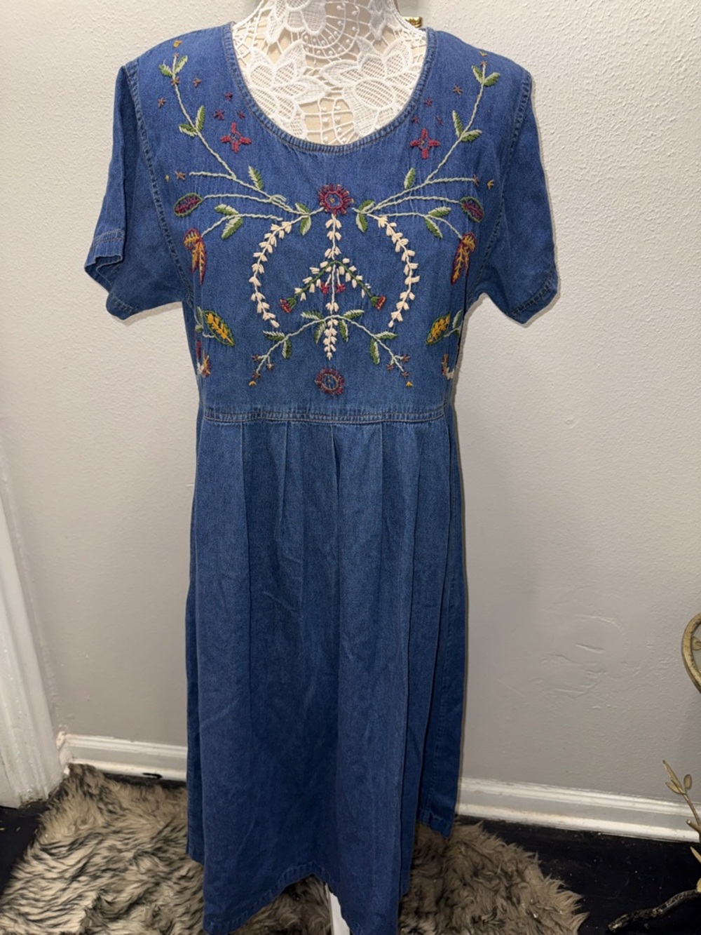 Vintage Blue Denim Maxi Dress with Multicolor Floral Embroidery